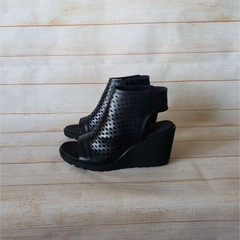 ECCO Freja Wedge Leather Sandal Bootie Ankle Boot Open Toe Laser Cut Black